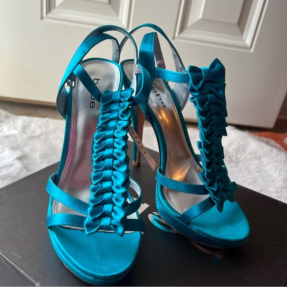 BEBE Jenny Turquoise Satin Bow Strap Heels - Picture 2 of 7